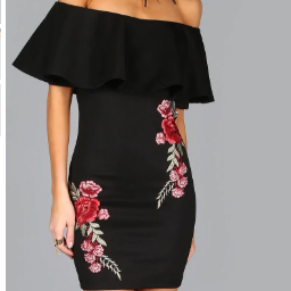 Embroidered Rose Applique Off Shoulder Ruffl